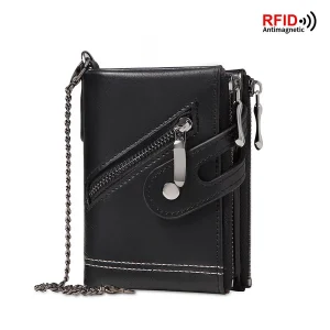 Men's RFID Leather Chain Wallet Double Zipper